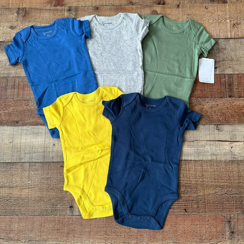 Mac & Moon Organic Cotton Baby Bodysuits 12M 5-Pack Blue/Gray/Green/Yellow/Navy